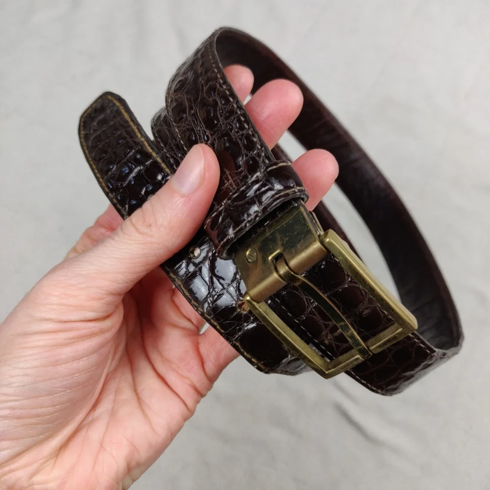 Fred Segal Italian Croco-Calf Embossed Brown Leather & Brass Belt Size 34